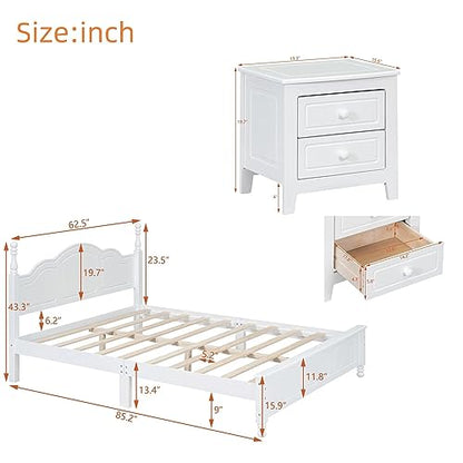 Bedroom Set Furniture, 3-Pieces Bedroom Sets, Queen Size Wood Platform Bed and 2 Nightstands, White