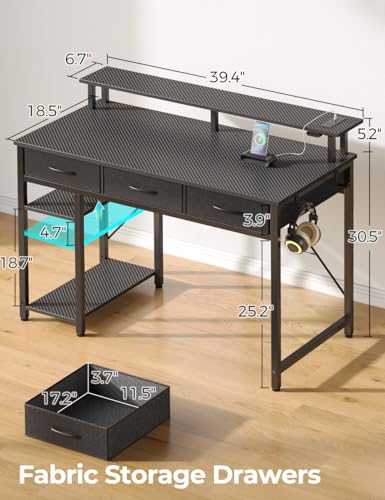 Computer Desk with Power Outlets & LED Light, 39 inch Home Office Desk with 3 Drawers and Storage Shelves, Writing Desk with Monitor Stand, Modern Work Desk for Home Office, Carbon Black