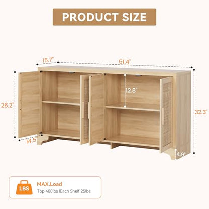Natural Rattan Storage Cabinet with Shelves, 4-Door Sideboard Buffet Cabinet, view 3