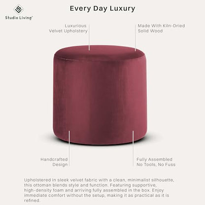 ® 19” Wentworth Ottoman Round Soft Velvet Bench, Stationary Ottomans, Backless Chair, Footrest for Living Room, Footstool Office, Bedroom, Padded Seat, Plum