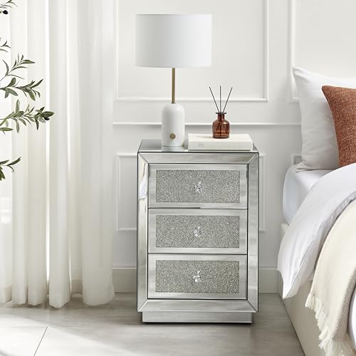 Stella Crushed Diamon Mirrored Crystal Bedside Table Bedside Cabinet Modern Stylish 3 Drawer Bedroom Storage Bedroom Furniture
