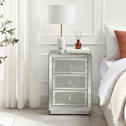 Stella Crushed Diamon Mirrored Crystal Bedside Table Bedside Cabinet Modern Stylish 3 Drawer Bedroom Storage Bedroom Furniture