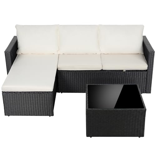 4 Pieces Patio Furniture Set, 2-in-1 Convertible Sectional Sofa & Chaise Lounge, All-Weather Wicker Rattan Sofa Couch with Cushions & Coffee Table for Yard, Garden, Porch, Poolside (Beige)