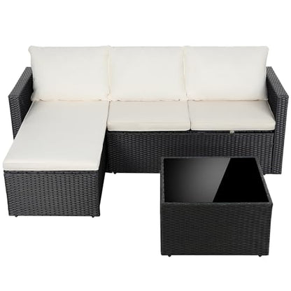 4 Pieces Patio Furniture Set, 2-in-1 Convertible Sectional Sofa & Chaise Lounge, All-Weather Wicker Rattan Sofa Couch with Cushions & Coffee Table for Yard, Garden, Porch, Poolside (Beige)