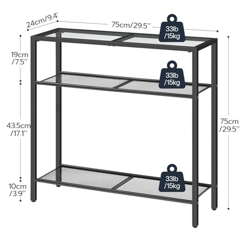 29.5" Narrow Console Table, 3-Tier Tempered Glass Sofa Table, Modern Entryway Table, for Entrance, Living Room, Foyer, Hallway Bedroom, Black BK21XG01G1