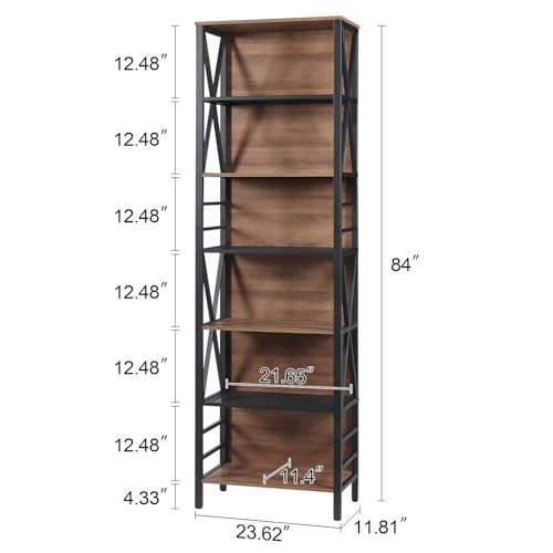 Tall Bookshelf, 7-Tier Book Shelf, Rustic Wood Metal Bookshelves and Bookcases, Freestanding and Industrial Open Bookcase for Home Office, Living Room and Bedroom, Vintage Brown