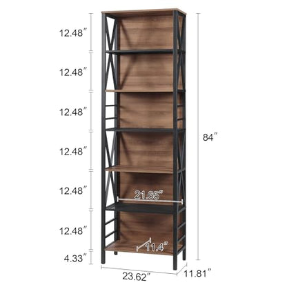 Tall Bookshelf, 7-Tier Book Shelf, Rustic Wood Metal Bookshelves and Bookcases, Freestanding and Industrial Open Bookcase for Home Office, Living Room and Bedroom, Vintage Brown