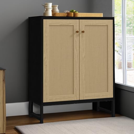 Rattan Decorated 2 Doors Storage Cabinet Accent Cabinet Living Room Cupboard Kitchen Sideboard Buffet Table (Black)