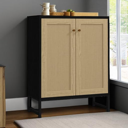 Rattan Decorated 2 Doors Storage Cabinet Accent Cabinet Living Room Cupboard Kitchen Sideboard Buffet Table (Black)