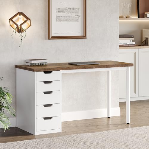 Computer Desk with 5 Drawers, 47 Inch Modern Simple Study Writing Desk with Metal Frame, Work Desk for Home Office, Rustic Brown and White