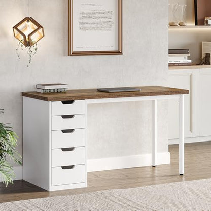 Computer Desk with 5 Drawers, 47 Inch Modern Simple Study Writing Desk with Metal Frame, Work Desk for Home Office, Rustic Brown and White