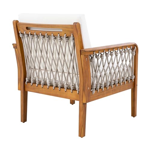 Arami Acacia Wood Lounge Chair Outdoor with Removable Cushion, Solid Wood Patio Accent Chair with Rope Weave Design, Patio Furniture Set Sofa Chair, Beige+Cream+Teak