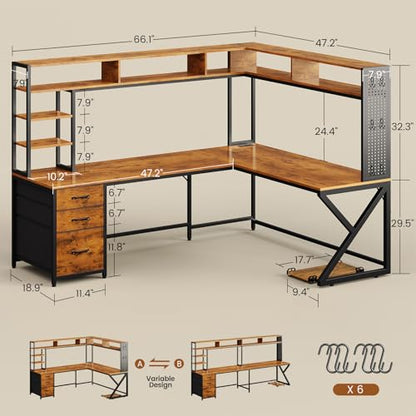 L Shaped Desk with Hutch and 3 Drawers, Convertible 94.5" Computer Desk with File Drawer, L Shaped Office Desk with Power Outlet, LED Lights, Storage and Pegboard for Home Office, Brown