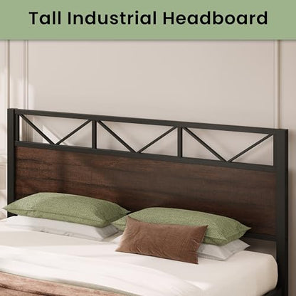 King Bed Frame, Dark Brown Industrial Headboard, view 4