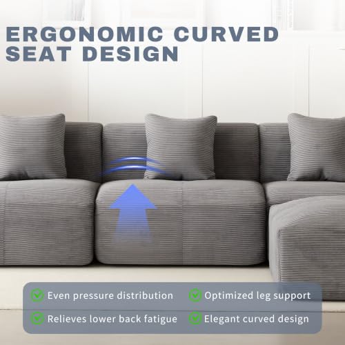 120" Cloud Modular Sectional Couch,Boneless Sofa,L-Shape Upholstered Sofas with Deep Seat,Modern Cozy Corduroy Couches with Memory Foam,No Assembly Required for Living Room(Dark Grey)