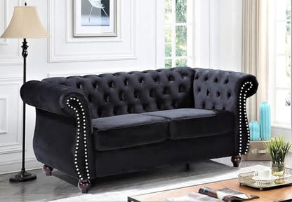 Feinstein Modern Velvet Chesterfield Couches for Living Room with Nailheads, Diamond Tufting & Durable Metal Frame, Loveseat, Black