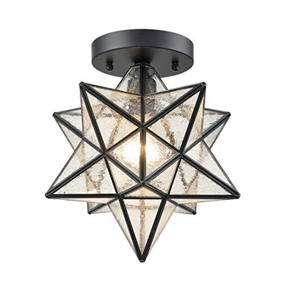Moravian Star Light Flush Mount Ceiling Light with Seeded Glass Shade Black for Living Room Bedroom Bathroom Hallway