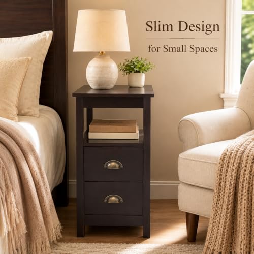 Side Table Living Room Narrow Rustic End Table Bedroom with 2 Drawers and 1 Open Shelf for Small Space（Brown, 23.6" L x 11.8" W x 24’’H）
