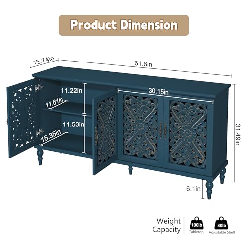 61.8" Hollow Carved Accent Cabinet with 4 Doors for Living Room, view 3