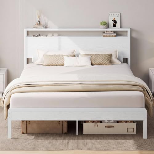 Full Size Bed Frame with 2-Tier Storage Shelf Headboard, view 2