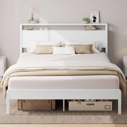 Full Size Bed Frame with 2-Tier Storage Shelf Headboard, view 2