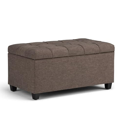 Sienna Storage Ottoman Bench - 33 inch Wide Upholstered Linen Look Fabric Rectangle Storage Ottoman Bench in Tanners Brown, Transitional Tufted Ottoman for Living Room with Lift Top