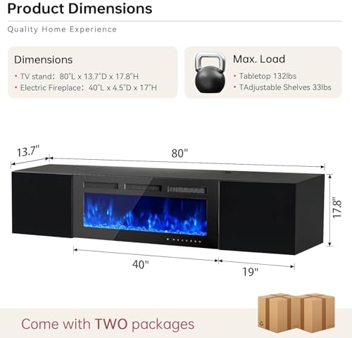 80'' Floating TV Stand with 40" Electric Fireplace, view 3