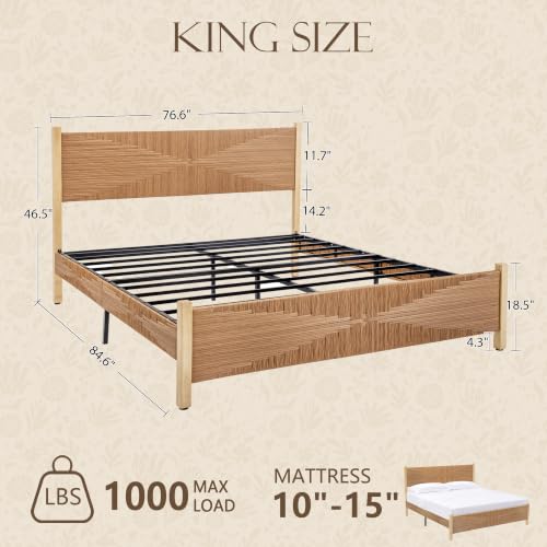 Solid Wood Rattan King Bed Frame with Tall Headboard and Footboard, view 3