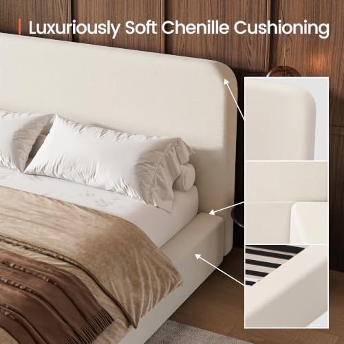 Queen Upholstered Platform Bed Frame with Padded Headboard, view 5