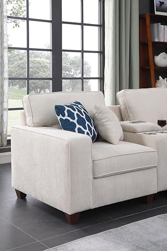 127" L-Shaped Sectional Couches for Living Room with Movable Ottoman,2 Cup Holders & USB Ports,7 Seat Chenille Upholstered Sofa W/6 Throw Pillows & Hidden Storage Box,DIY Combination,Beige