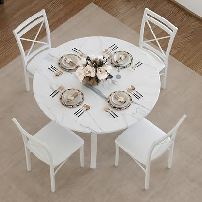 5 Piece Dining Table Set for 4 with Chairs, Faux Marble Tabletop, Small Space, Kitchen, Breakfast Nook, White