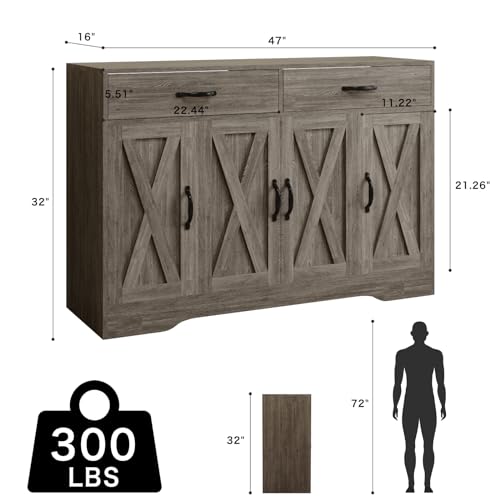 Sideboard Cabinet with Drawers, 47" W Sideboard Buffet Storage Cabinet with Storage for Kitchen, Farmhouse Coffee Bar Cabinets with Shlves and Doors for Hallway, Gray