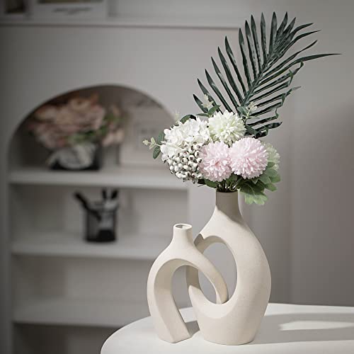 XL Beige Ceramic Vase Set of 2 for Modern Home Decor, Eclectic Entryway Modern Boho Hollow Flower Vases for Living Room Bookshelf Dining Coffee Table Centerpiece (W 6.8" X H 11")