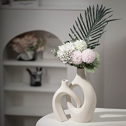 XL Beige Ceramic Vase Set of 2 for Modern Home Decor, Eclectic Entryway Modern Boho Hollow Flower Vases for Living Room Bookshelf Dining Coffee Table Centerpiece (W 6.8" X H 11")
