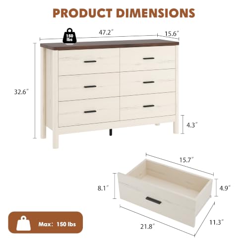 6 Drawer Dresser, Wooden Storage Chest of Drawers, White & Brown, view 3
