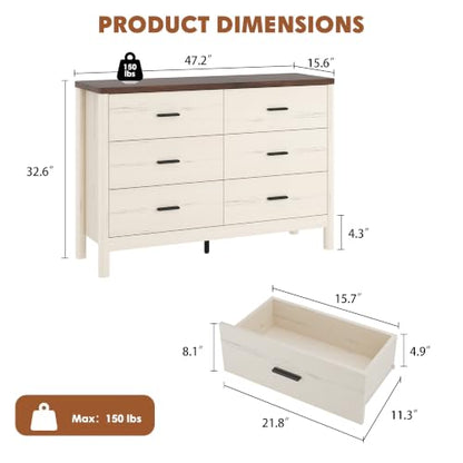6 Drawer Dresser, Wooden Storage Chest of Drawers, White & Brown, view 3