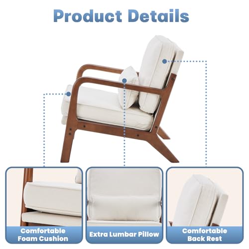 Accent Chairs Set of 2,Mid Century Modern Chair with Arms and Waist Cushion, Reading Chairs for Adults, Lounge Chair for Living Room and Bedroom, Solid Wooden Frame, Cream