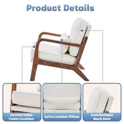 Accent Chairs Set of 2,Mid Century Modern Chair with Arms and Waist Cushion, Reading Chairs for Adults, Lounge Chair for Living Room and Bedroom, Solid Wooden Frame, Cream