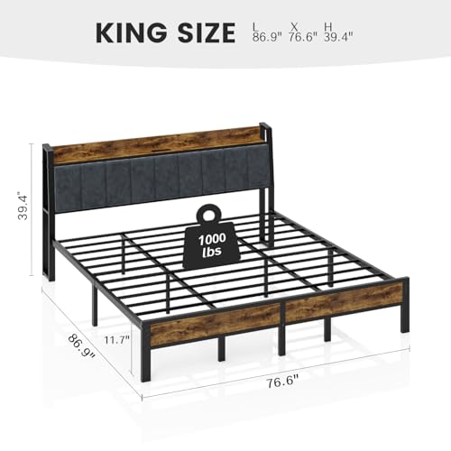 King Size Bed Frame with Charging Station, Storage Headboard, view 4