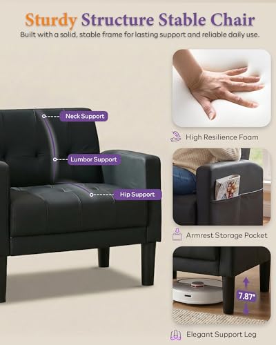 Accent Chair Set of 2 Living Room Chairs Cozy Tufted Mid Century Modern Black Accent Chairs with Arms for Bedroom Comfy Reading Arm Chair Small Chairs for Small Spaces Office(2, Black)