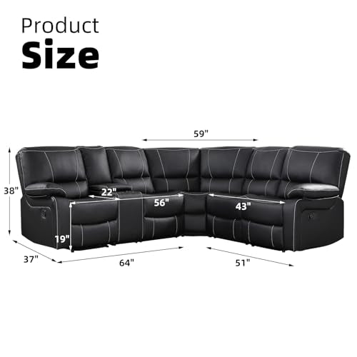 Manual Reclining Sectional Sofa Set for Living Room, Soft Fabric Recliner Corner Sectional Couch with Center Console, Cup Holders and Storage (Black, Sofa)
