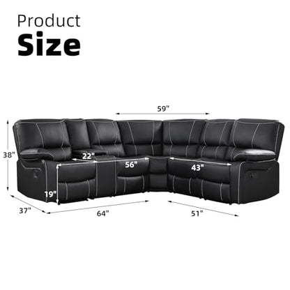 Manual Reclining Sectional Sofa Set for Living Room, Soft Fabric Recliner Corner Sectional Couch with Center Console, Cup Holders and Storage (Black, Sofa)
