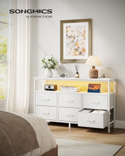 SONGMICS BELLAH Collection - Dresser for Bedroom, Chest of Drawers, TV Stand for TVs Up to 55 Inches, Living Room, Closet, 6 Drawers and 1 Shelf, Modern, Cloud White ULGS833WH02S
