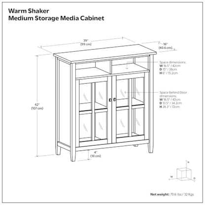 Warm Shaker 39" Solid Wood Media Cabinet in Brunette Brown, view 4