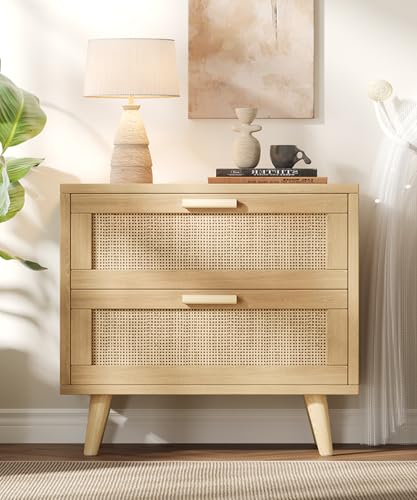 23.6" W Rattan Nightstand with Charging Station, Large Bedside Table with 2 Drawers, Wooden End Table with Solid Wood Legs, Boho Night Stand for Bedroom, Natural Oak KES009MECTG
