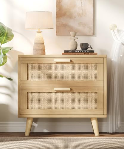 23.6" W Rattan Nightstand with Charging Station, Large Bedside Table with 2 Drawers, Wooden End Table with Solid Wood Legs, Boho Night Stand for Bedroom, Natural Oak KES009MECTG