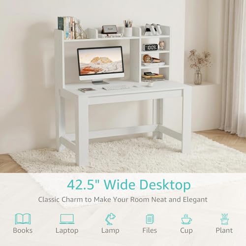 43" White Student Desk with Hutch and Built-in Power Outlet, view 8