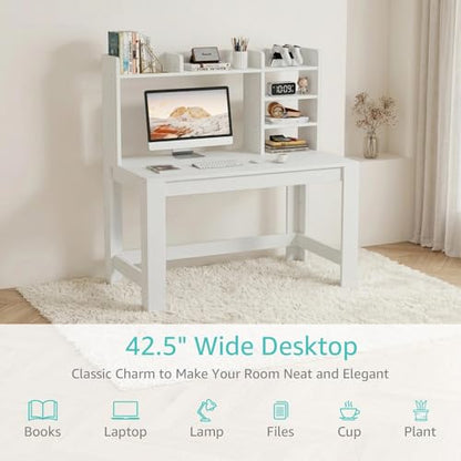 43" White Student Desk with Hutch and Built-in Power Outlet, view 8
