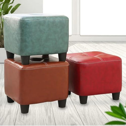 Square Foot Stool Upholstered in Oil Wax Leather with Soft Cushion and Anti Slip Design Easy to Clean and Ideal for Shoe Changing Beige Color 35CM Height Modern Footrest