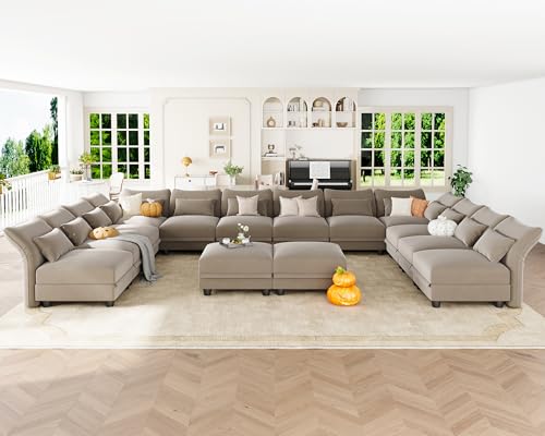 Sectional Couch Convertible Oversize U Shaped Modular Sectional Sofa with Storage Easy Clean Anti-Scratch 14 Seat Velvet Sectional for Living Room, Brown